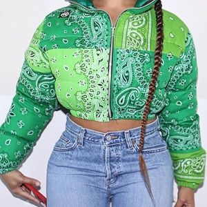 Green Bandana Cropped Puffer Coat